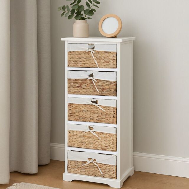 Orsina Modern 5 Seagrass Drawer Chest, Stylish Chest Of Drawers For Livingroom, Sleek Minimalist Chest For Lounge in White - image 1