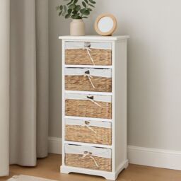 Orsina Modern 5 Seagrass Drawer Chest, Stylish Chest Of Drawers For Livingroom, Sleek Minimalist Chest For Lounge in White - thumbnail 1