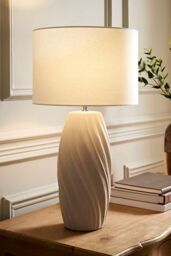 ValueLights Lydia Natural Linen Drum Lamp Shade Tall Swirl Matte Natural Table Lamp - thumbnail 1