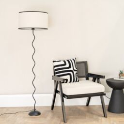 ValueLights Wiggle Black Metal Single Stem Floor Lamp with Linen Black Trim Drum Lamp Shade - thumbnail 5