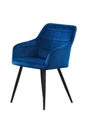 Life Interiors Single Camden Modern Velvet Dining Chair with Armrests, Quilted Design & Black Metal Legs in Royal