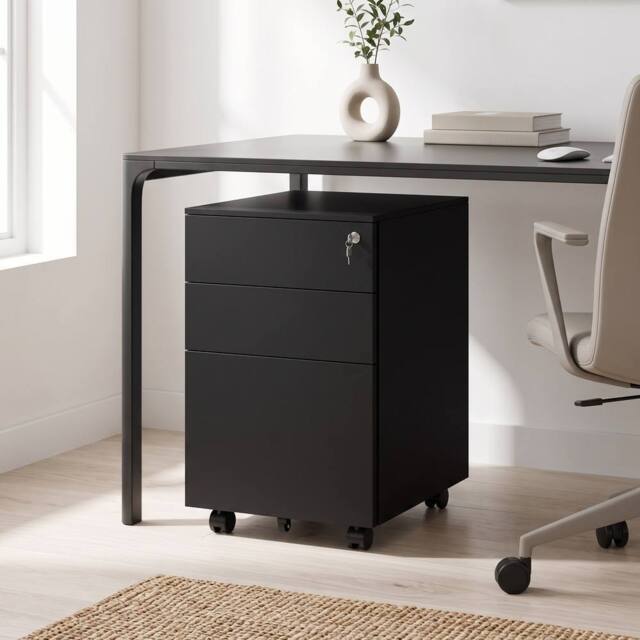 STILVORA Metal Filing Cabinet with 3 Drawers & Lock, Black - image 1