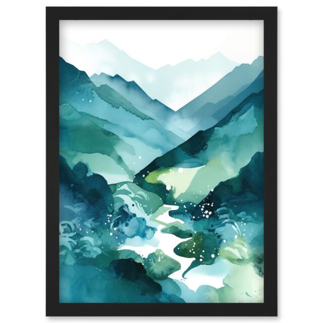 Artery8 River Trail in the Scottish Highlands Modern Landscape Watercolour Painting Artwork Framed Wall Art Print A4 in Black - image 1
