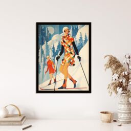 Wee Blue Coo Wall Art Print Klosters Chic Fashion Skier Women Going Down Slopes Orange Blue Bright Retro Oil Painting Art Framed - Size: A4 - thumbnail 4