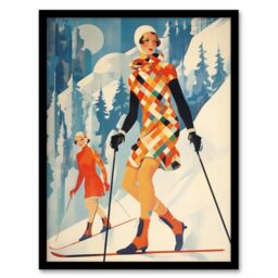 Wee Blue Coo Wall Art Print Klosters Chic Fashion Skier Women Going Down Slopes Orange Blue Bright Retro Oil Painting Art Framed - Size: A4 - thumbnail 1