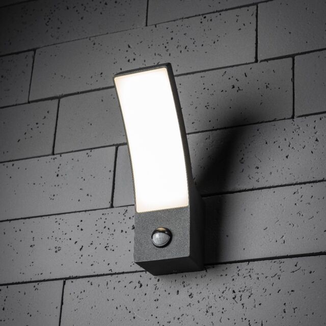 CGC Lighting 'Millie' Anthracite Dark Grey Curved Dark Grey LED Wall Light PIR Motion Sensor Diecast Aluminium Opal Diffuser 4000k IP54 - image 1