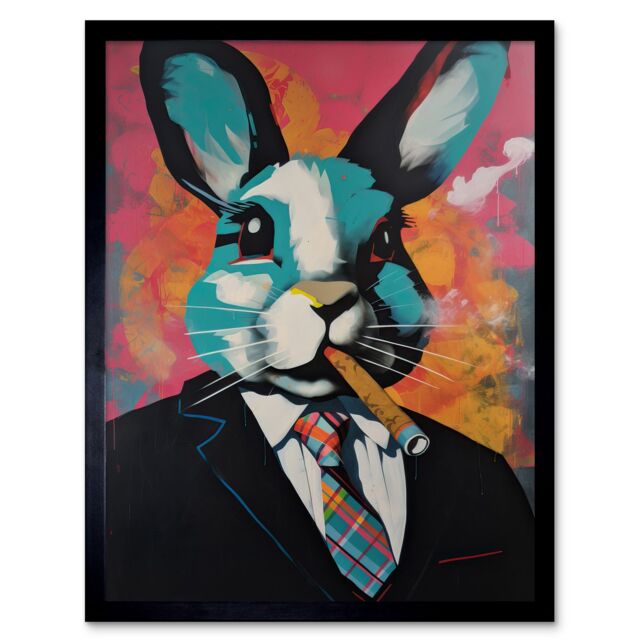 "Artery8 Wall Art Print Blue Rabbit with Cigar & Suit Modern Pop Art Framed in Black - Size: W12"" x H16""" - image 1