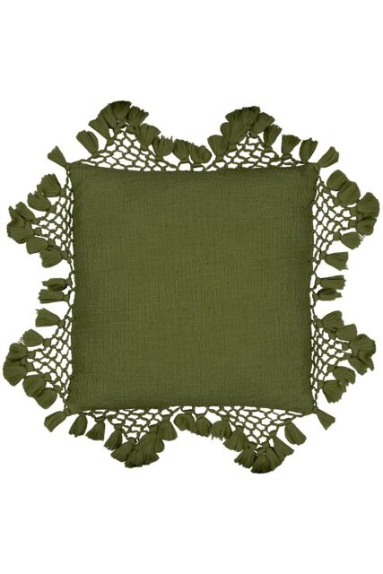 Yard Anko Slub Cotton Macrame Tassel Trimmed Cushion in Khaki - Size: 45 cm x 45 cm - image 1