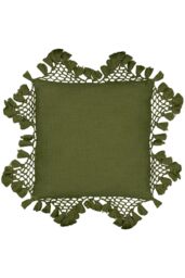 Yard Anko Slub Cotton Macrame Tassel Trimmed Cushion in Khaki - Size: 45 cm x 45 cm