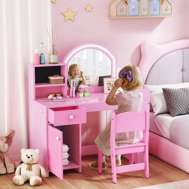 AIYAPLAY Women's Dressing Table with 2-Colour LED Mirror & Stool, Pink - image 1