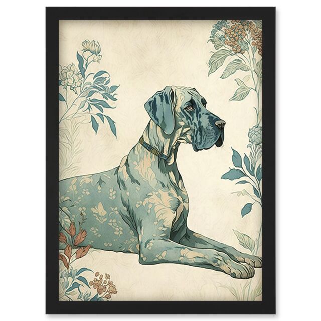 Artery8 Blue Great Dane Dog with Flower Pattern Fur Coat Modern Illustration Artwork Framed Wall Art Print A4 in Black - image 1