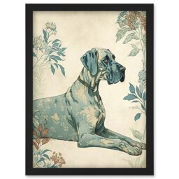 Artery8 Blue Great Dane Dog with Flower Pattern Fur Coat Modern Illustration Artwork Framed Wall Art Print A4 in Black - thumbnail 1