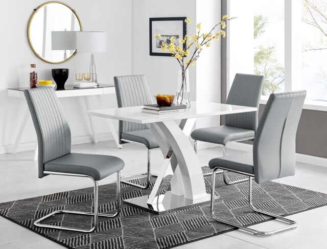 FurnitureboxUK Atlanta White High Gloss & Chrome 4 Seater Dining Table with X Shaped Legs & 4 Faux Leather Lorenzo Chairs in Grey - image 1