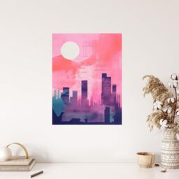 "Wee Blue Coo Wall Art Print Sunrise City Silhouette Pink Purple Blue Watercolour Painting Poster - Size: W18"" x H24""" - thumbnail 4