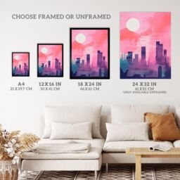 "Wee Blue Coo Wall Art Print Sunrise City Silhouette Pink Purple Blue Watercolour Painting Poster - Size: W18"" x H24""" - thumbnail 3