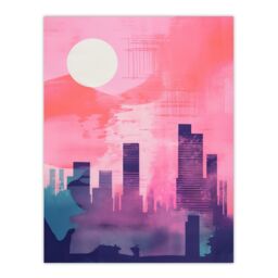 "Wee Blue Coo Wall Art Print Sunrise City Silhouette Pink Purple Blue Watercolour Painting Poster - Size: W18"" x H24""" - thumbnail 1