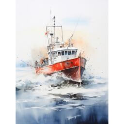 "Artery8 Wall Art Print Trawler Fishing Boat Watercolour Painting Red Blue Rough Sea Fishermen Waves Seascape Poster - Size: W24"" x H32""" - thumbnail 1