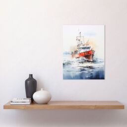 "Artery8 Wall Art Print Trawler Fishing Boat Watercolour Painting Red Blue Rough Sea Fishermen Waves Seascape Poster - Size: W24"" x H32""" - thumbnail 2