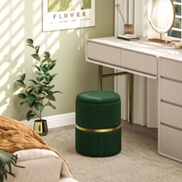 HOMCOM Round Pouffe Storage Footstool with Hidden Space in Dark Green - thumbnail 1