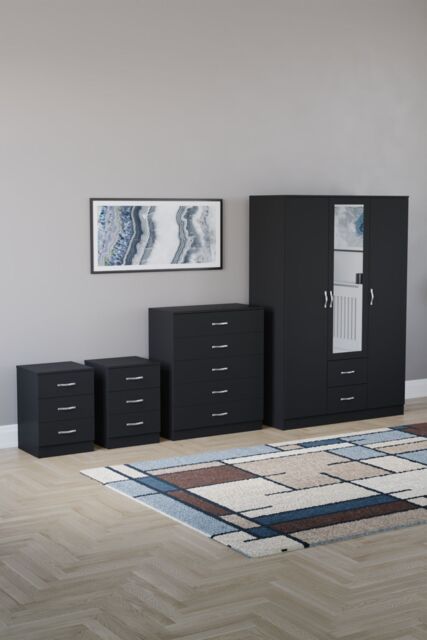 Home Discount Vida Designs 4Pc Bedroom Set 2x3Bedside, 5 Drawer, 3Dr Mirror Wardrobe in Black - image 1