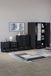 Home Discount Vida Designs 4Pc Bedroom Set 2x3Bedside, 5 Drawer, 3Dr Mirror Wardrobe in Black - thumbnail 2