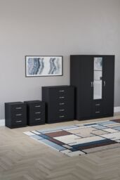 Home Discount Vida Designs 4Pc Bedroom Set 2x3Bedside, 5 Drawer, 3Dr Mirror Wardrobe in Black