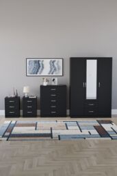 Home Discount Vida Designs 4Pc Bedroom Set 2x3Bedside, 5 Drawer, 3Dr Mirror Wardrobe in Black - thumbnail 4