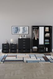 Home Discount Vida Designs 4Pc Bedroom Set 2x3Bedside, 5 Drawer, 3Dr Mirror Wardrobe in Black - thumbnail 3