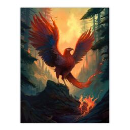 Artery8 Wall Art Print Majestic Phoenix Bird Spreading Wings Concept Painting Mythical Creature Rising From Fire Ashes in Enchanted Forest Landscape - thumbnail 1