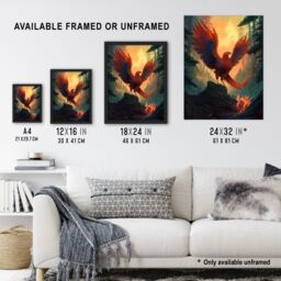 Artery8 Wall Art Print Majestic Phoenix Bird Spreading Wings Concept Painting Mythical Creature Rising From Fire Ashes in Enchanted Forest Landscape - thumbnail 3