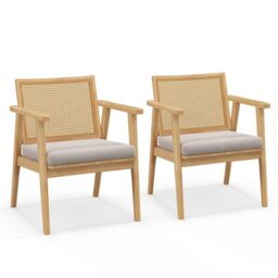 Costway Wooden Accent Chair Modern Upholstered Arm Chair Reading Leisure Chair in Natural