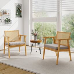 Costway Wooden Accent Chair Modern Upholstered Arm Chair Reading Leisure Chair in Natural - thumbnail 3