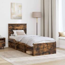 Berkfield Home Bed Frame with Headboard Smoked Oak 75 x 190 cm Solid Pine Wood in Brown - thumbnail 3