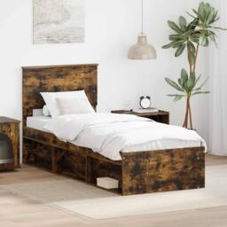 Berkfield Home Bed Frame with Headboard Smoked Oak 75 x 190 cm Solid Pine Wood in Brown - thumbnail 1
