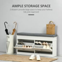 HOMCOM Shoe Storage Bench with Seat Cushion Cabinet Organizer with 2 Drawers in White - thumbnail 4