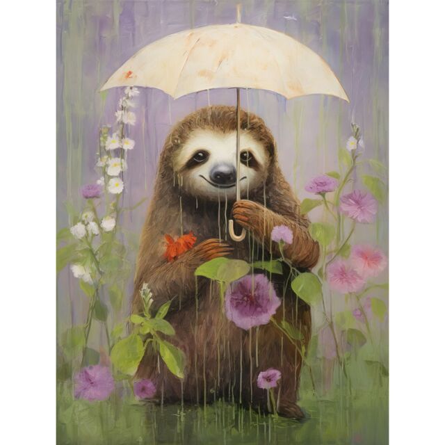 Artery8 Wall Art Print Picking Flowers in the Rain Oil Painting Cute Sloth with an Umbrella in a Wildflower Meadow Kids Bedroom Poster - image 1