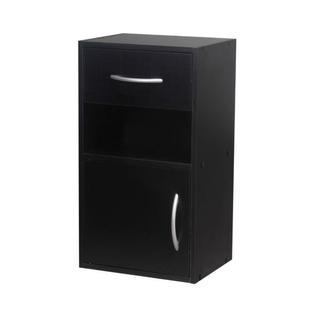 EONLION 1 Door 1 Drawer Wooden Bedside Cabinet Shelf Nightstand Side Table Unit Black - image 1