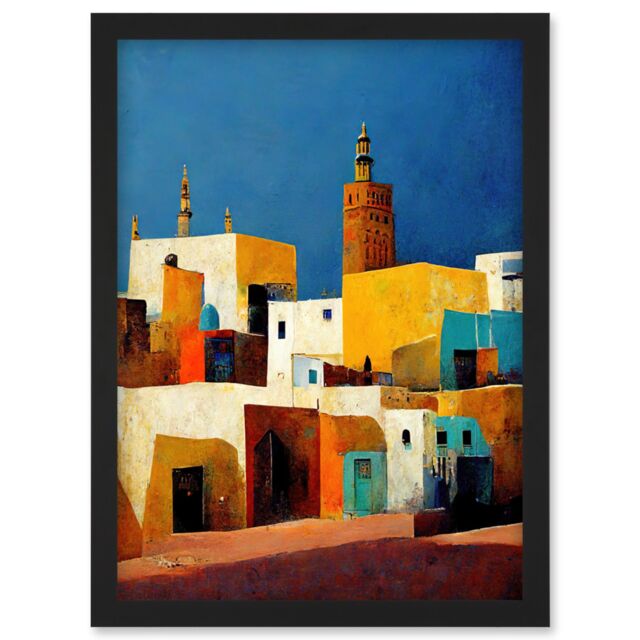 Artery8 Morocco Skyline Cityscape Modern Artwork Framed Wall Art Print A4 in Black - image 1