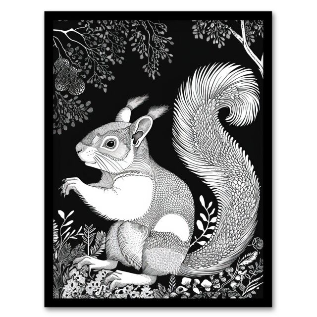 "Artery8 Happy Squirrel in Trees Black & White Drawing Framed Art Print - Size: W12"" x H16""" - image 1