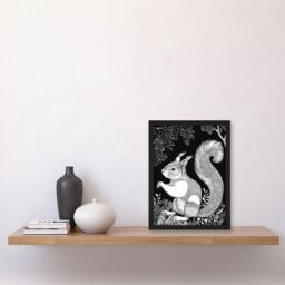 "Artery8 Happy Squirrel in Trees Black & White Drawing Framed Art Print - Size: W12"" x H16""" - thumbnail 4