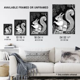 "Artery8 Happy Squirrel in Trees Black & White Drawing Framed Art Print - Size: W12"" x H16""" - thumbnail 3