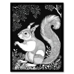 "Artery8 Happy Squirrel in Trees Black & White Drawing Framed Art Print - Size: W12"" x H16""" - thumbnail 1