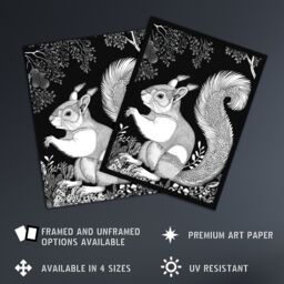 "Artery8 Happy Squirrel in Trees Black & White Drawing Framed Art Print - Size: W12"" x H16""" - thumbnail 2