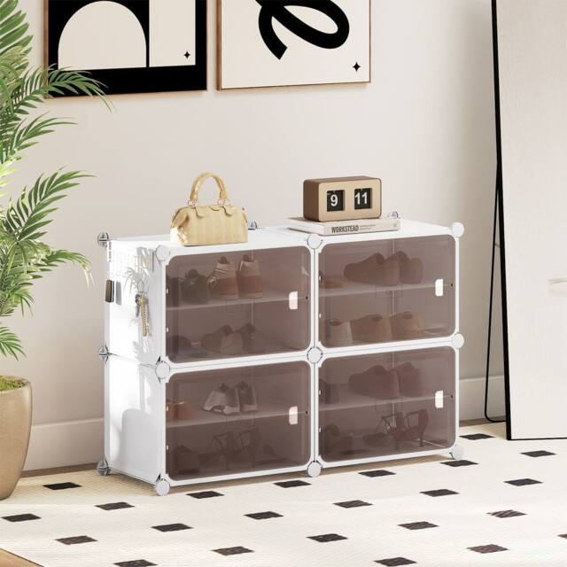 Gymax 4-tier Shoe Cabinet 16 Pair Plastic Shoe Organizer With Magnetic Doors in White - image 1