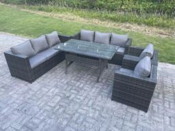 Fimous Outdoor Lounge Sofa Rattan Garden Furniture Set Patio Armchair & Rectangular Dining Table 8 Seater in Dark Grey - thumbnail 2