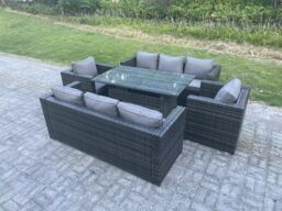 Fimous Outdoor Lounge Sofa Rattan Garden Furniture Set Patio Armchair & Rectangular Dining Table 8 Seater in Dark Grey - thumbnail 3