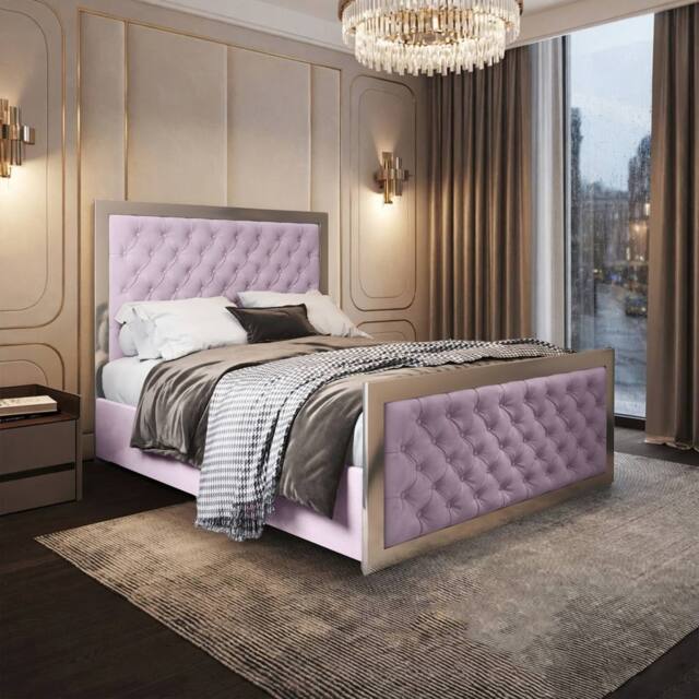 Casani Launceston Upholstered Soft Velvet Pink Metal Designer Bed Frame - Size: Double - image 1