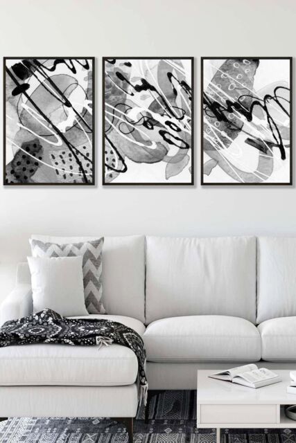 ARTZE Set of 3 Black Framed Abstract Watercolour in Black & Grey Wall Art in Dark Grey - Size: W33 cm x H45 cm x D20mm - image 1