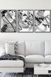 ARTZE Set of 3 Black Framed Abstract Watercolour in Black & Grey Wall Art in Dark Grey - Size: W33 cm x H45 cm x D20mm