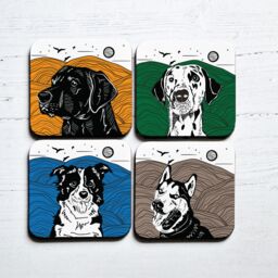 Afewhometruths Set of Four Linocut Coasters with Labrador, Dalmatian, Border Collie & Husky Designs in White - thumbnail 1